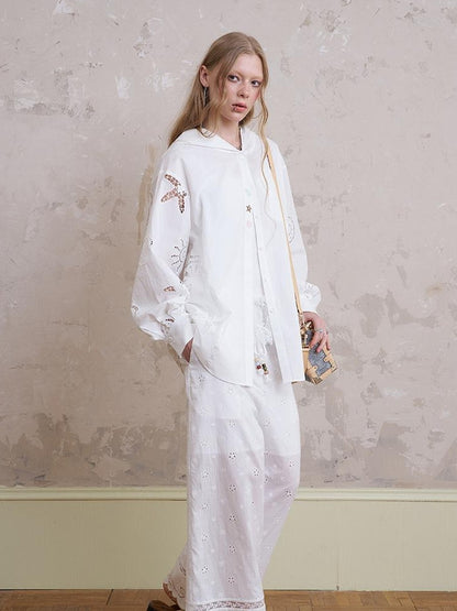 DIDDI MODA Starfish Shell Embroidered Loose Hooded Shirt Summer