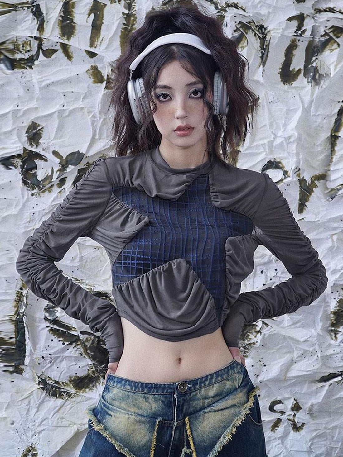 WSW WUSHENWU Starry Mesh Ruffle Top 2023 Blue Grey Seafoam Design