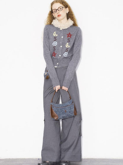 DIDDI MODA Starry Moon Knit Cardigan Wavy Suede Skirt Set