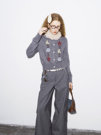 DIDDI MODA Starry Moon Knit Cardigan Wavy Suede Skirt Set