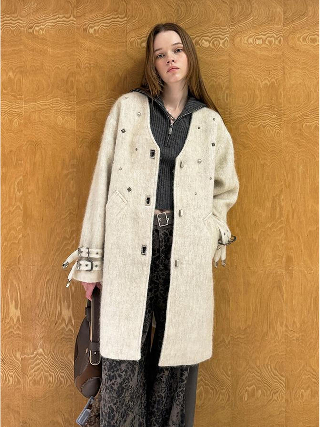 DIDDI MODA Starry Nail Wool Blend Trench Coat