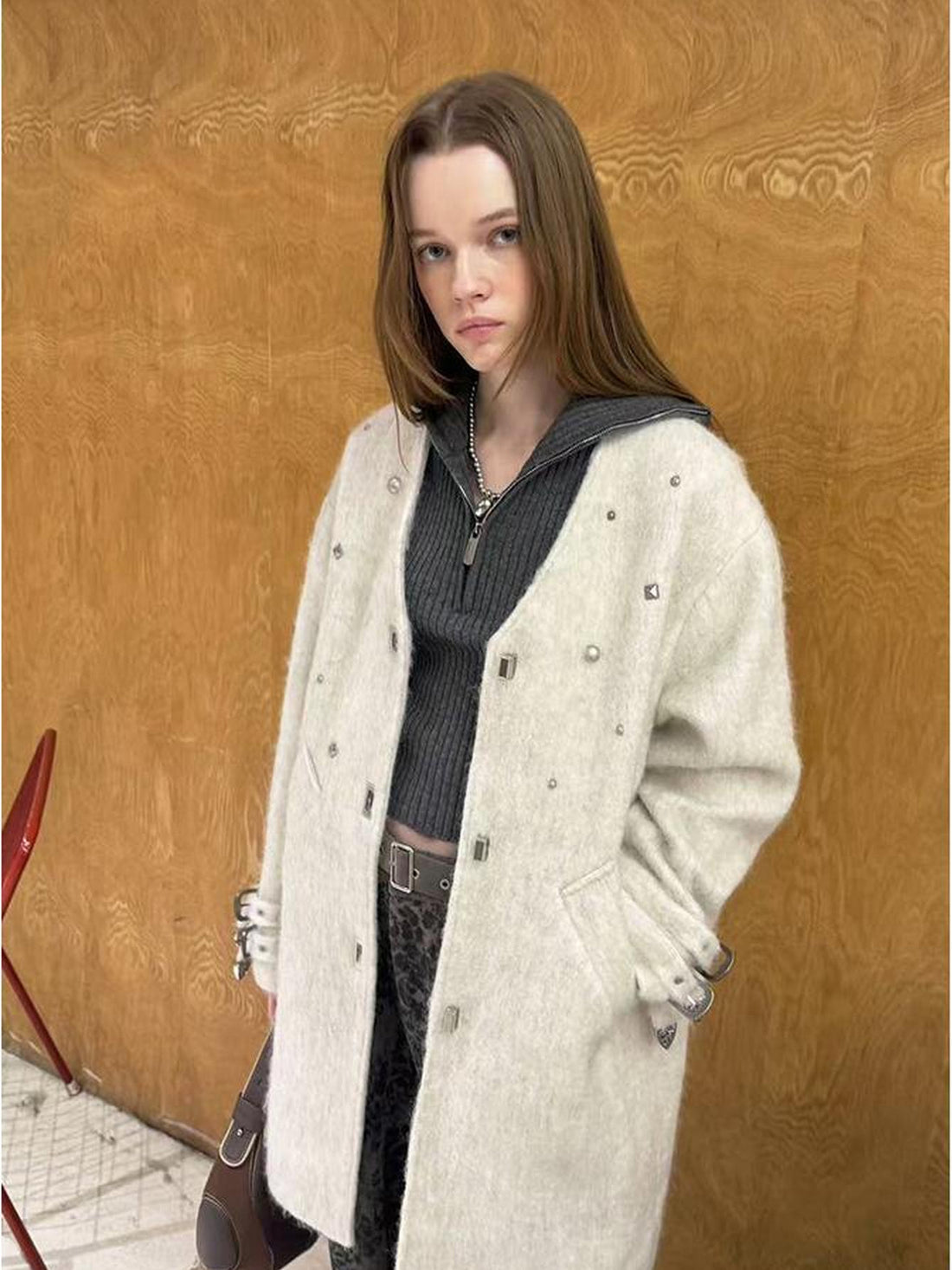 DIDDI MODA Starry Nail Wool Blend Trench Coat