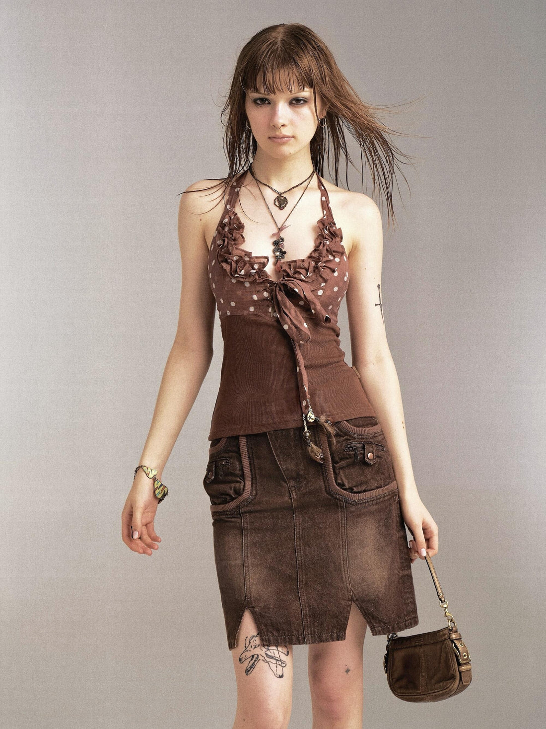 Flowers birds Market Stitched Design Hip-Hugging Washed Denim Short Skirt