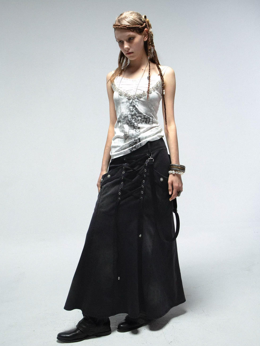 DoublePunch Straight Tube Mermaid Metal Studded Tie Pocket Long Skirt