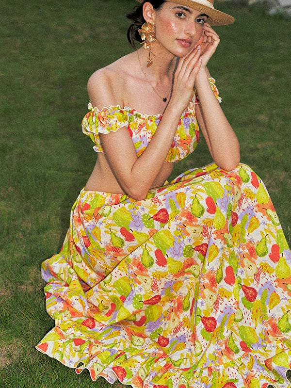 One Shoulder Floral Print Resort Maxi Dress Set