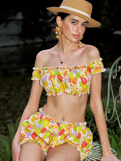 One Shoulder Print Shorts Set Vacation Wear