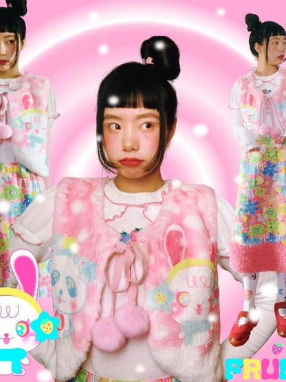 Frufru Gulu Strawberry Dream Pink Bunny Girl Lace Vest