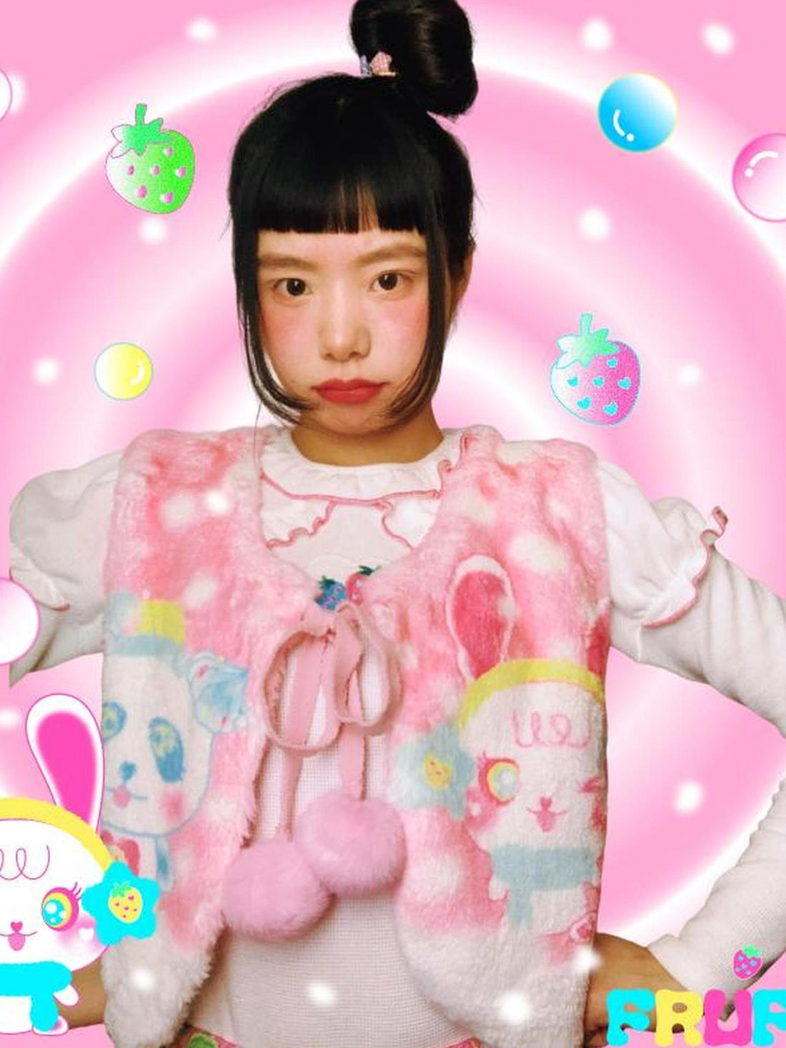 Frufru Gulu Strawberry Dream Pink Bunny Girl Lace Vest