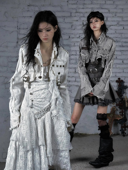 Street Punk Distressed Washed Cropped Striped Jacket Spring Coat