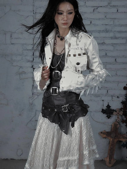 Street Punk Distressed Washed Cropped Striped Jacket Spring Coat