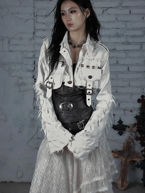 Street Punk Distressed Washed Cropped Striped Jacket Spring Coat