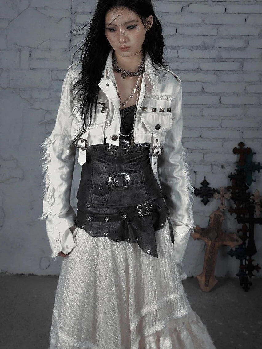 Street Punk Distressed Washed Cropped Striped Jacket Spring Coat