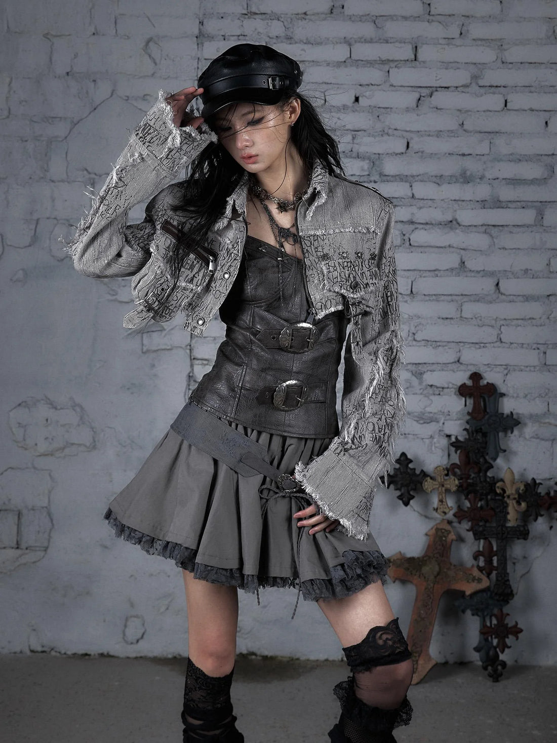 Street Punk Distressed Washed Cropped Striped Jacket Spring Coat