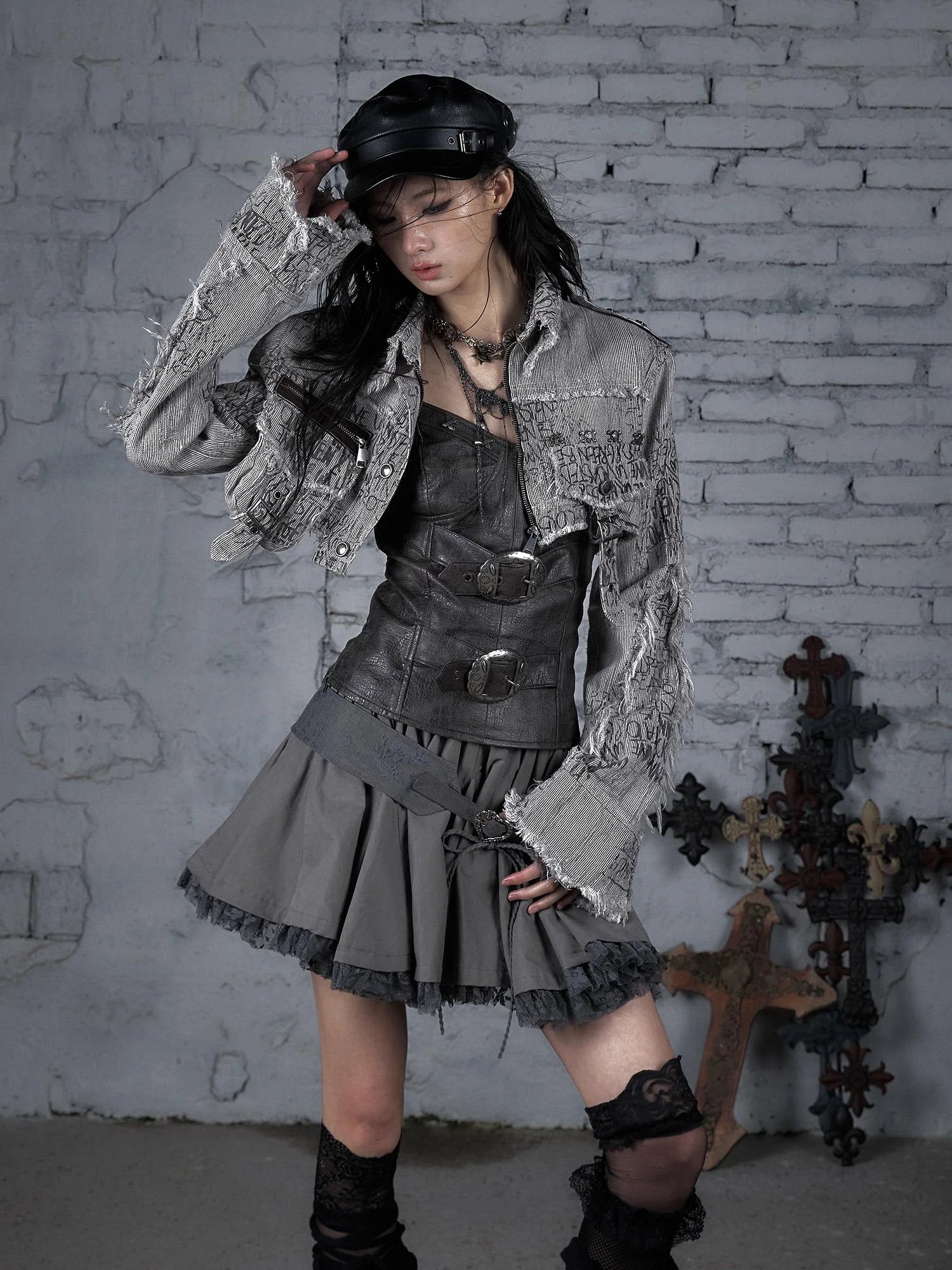 Street Punk Distressed Washed Cropped Striped Jacket Spring Coat