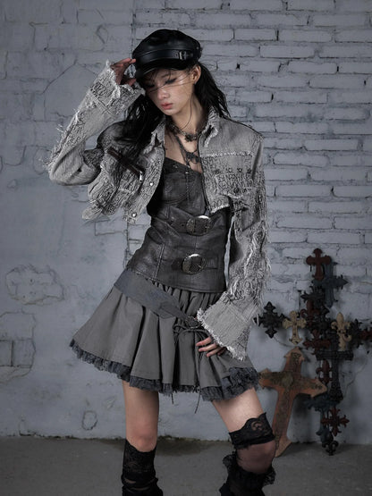 Street Punk Distressed Washed Cropped Striped Jacket Spring Coat