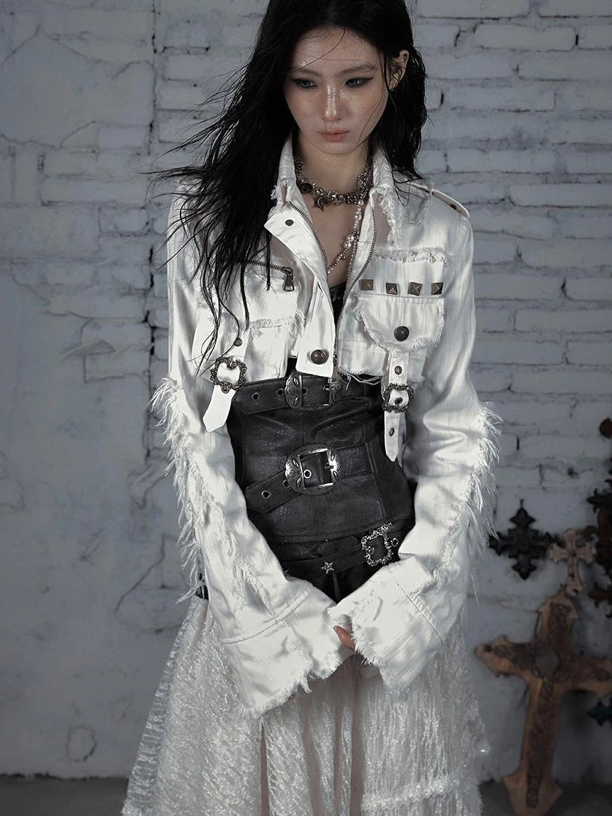Street Punk Distressed Washed Cropped Striped Jacket Spring Coat