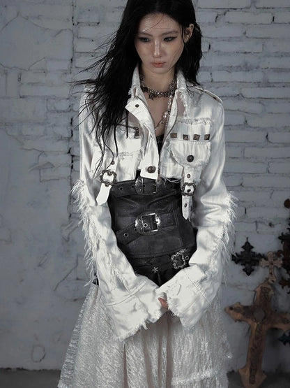 Street Punk Distressed Washed Cropped Striped Jacket Spring Coat