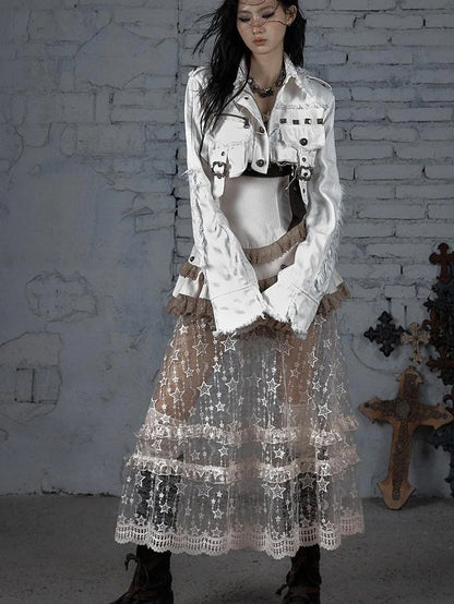 Street Punk Distressed Washed Cropped Striped Jacket Spring Coat