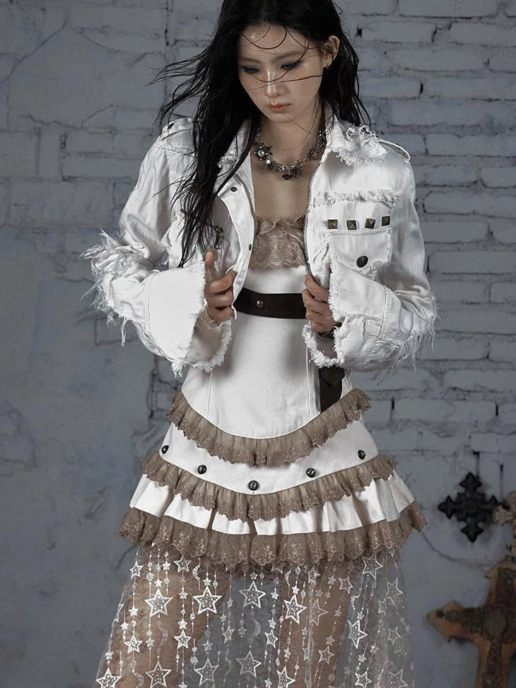 Street Punk Distressed Washed Cropped Striped Jacket Spring Coat