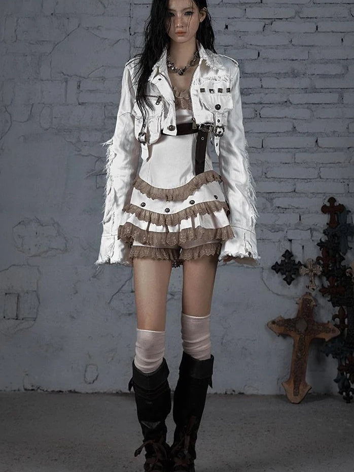 Street Punk Distressed Washed Cropped Striped Jacket Spring Coat