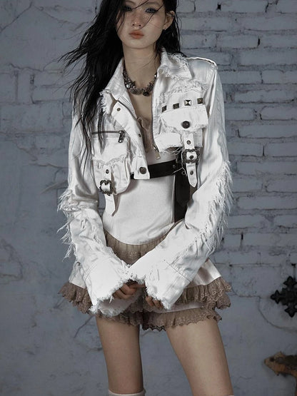 Street Punk Distressed Washed Cropped Striped Jacket Spring Coat