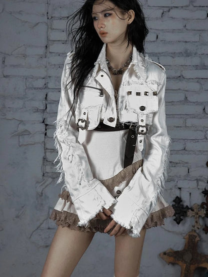 Street Punk Distressed Washed Cropped Striped Jacket Spring Coat