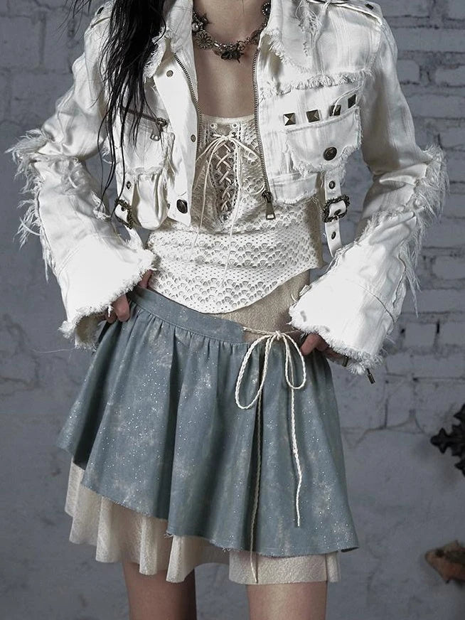 Street Punk Distressed Washed Cropped Striped Jacket Spring Coat