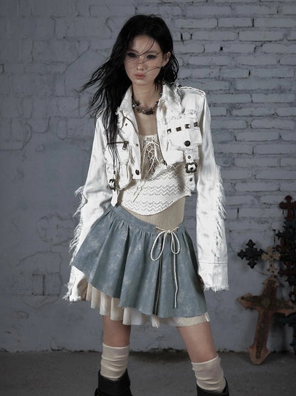 Street Punk Distressed Washed Cropped Striped Jacket Spring Coat