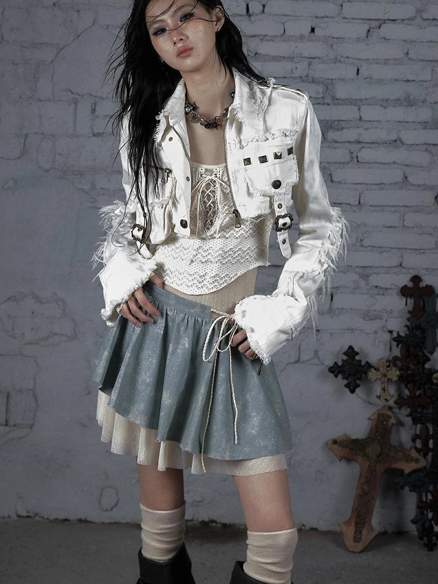 Street Punk Distressed Washed Cropped Striped Jacket Spring Coat