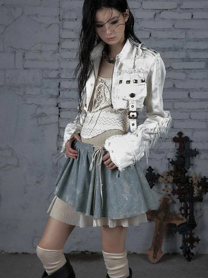 Street Punk Distressed Washed Cropped Striped Jacket Spring Coat