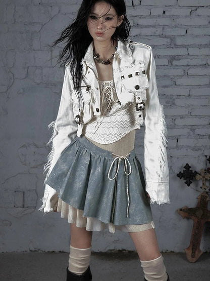 Street Punk Distressed Washed Cropped Striped Jacket Spring Coat