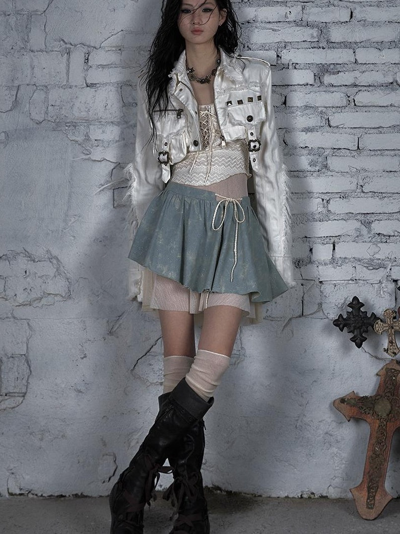 Street Punk Distressed Washed Cropped Striped Jacket Spring Coat