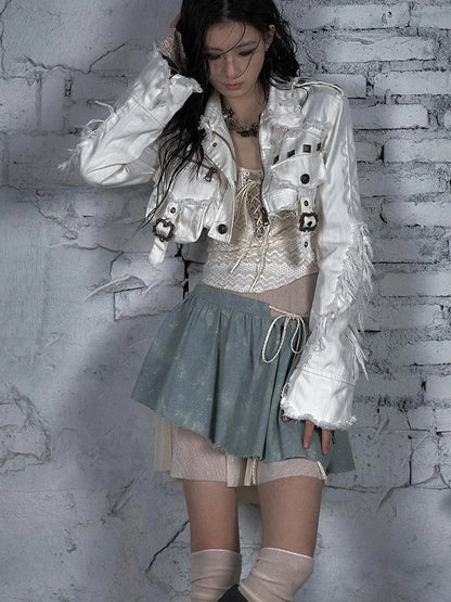 Street Punk Distressed Washed Cropped Striped Jacket Spring Coat