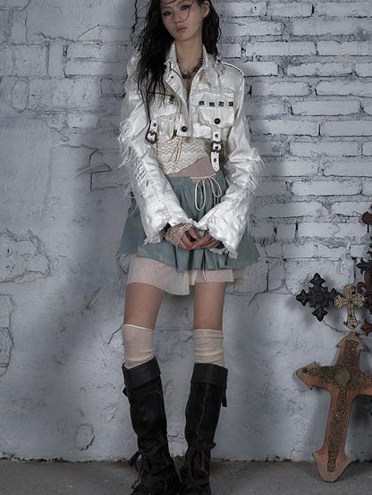 Street Punk Distressed Washed Cropped Striped Jacket Spring Coat
