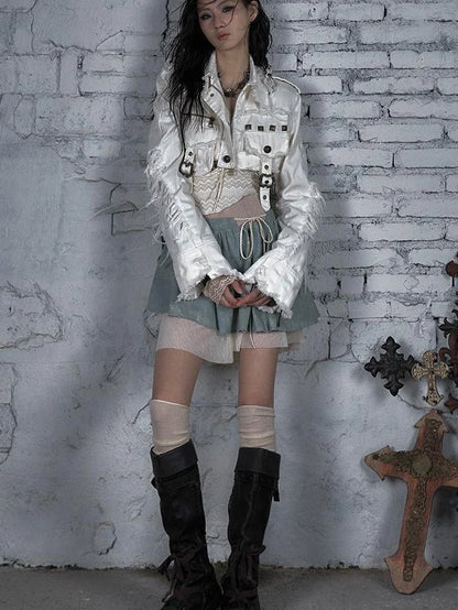 Street Punk Distressed Washed Cropped Striped Jacket Spring Coat