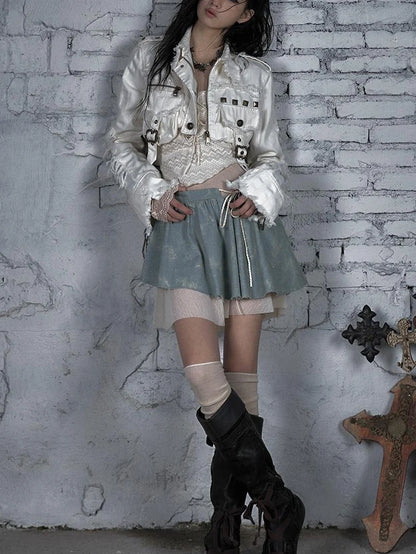 Street Punk Distressed Washed Cropped Striped Jacket Spring Coat