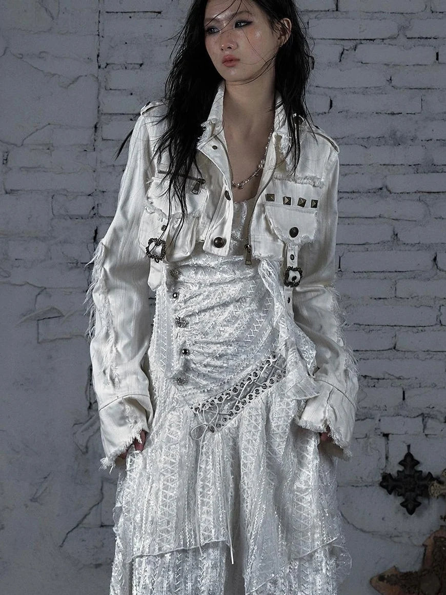 Street Punk Distressed Washed Cropped Striped Jacket Spring Coat