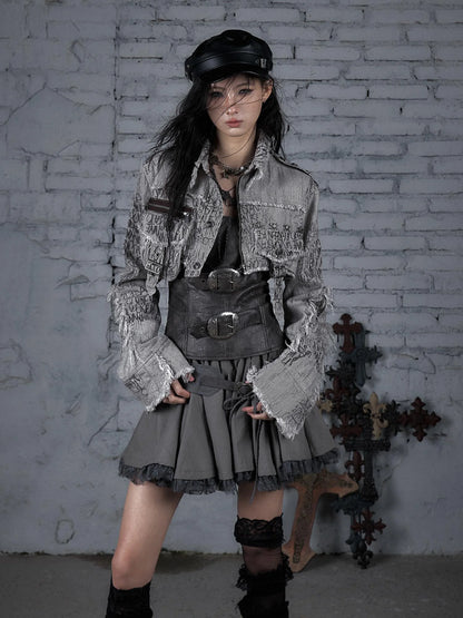 Street Punk Distressed Washed Cropped Striped Jacket Spring Coat