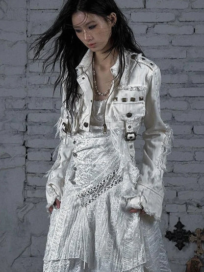 Street Punk Distressed Washed Cropped Striped Jacket Spring Coat