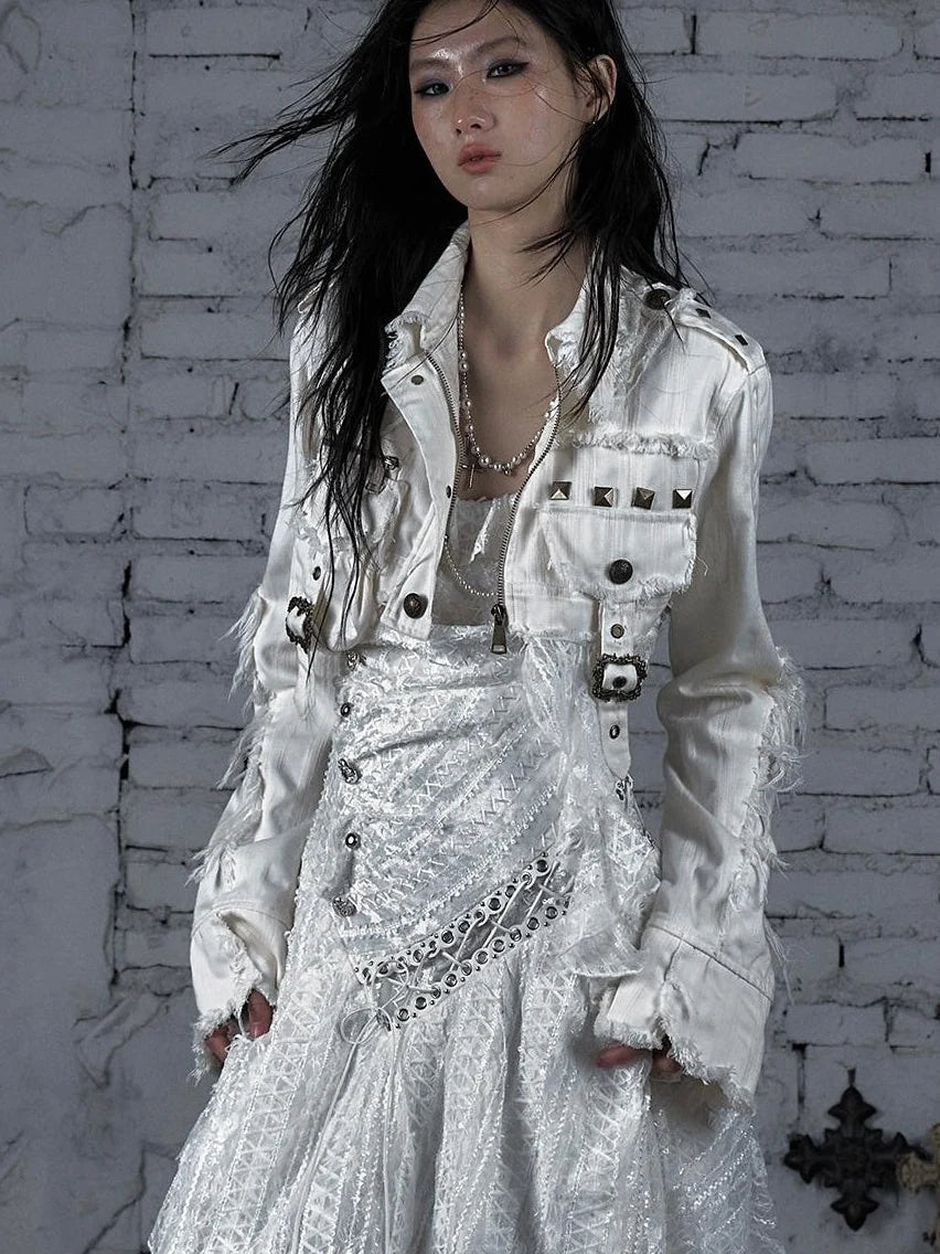 Street Punk Distressed Washed Cropped Striped Jacket Spring Coat