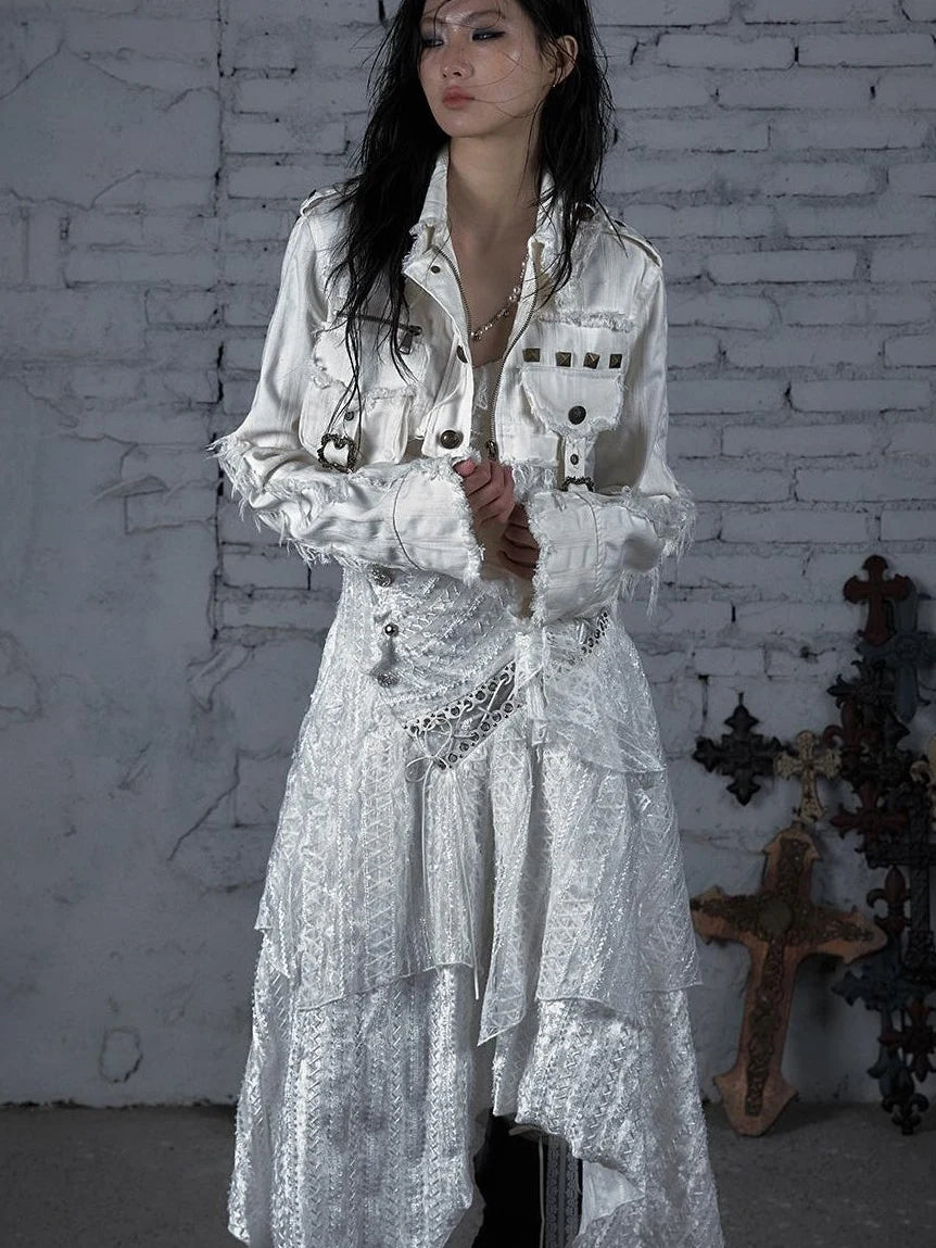 Street Punk Distressed Washed Cropped Striped Jacket Spring Coat