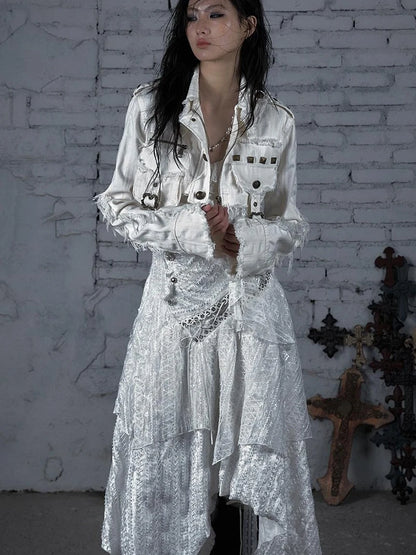 Street Punk Distressed Washed Cropped Striped Jacket Spring Coat