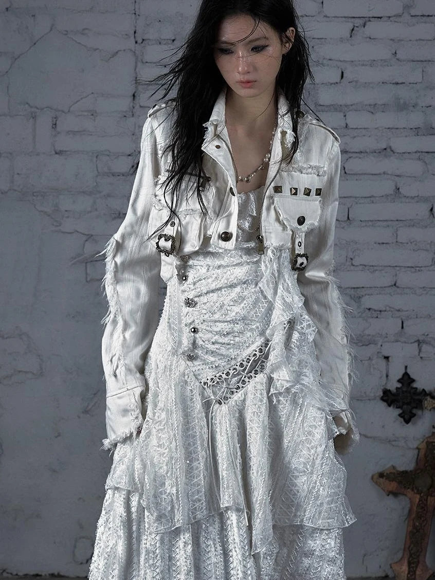 Street Punk Distressed Washed Cropped Striped Jacket Spring Coat