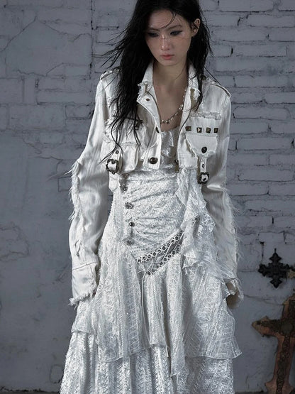 Street Punk Distressed Washed Cropped Striped Jacket Spring Coat