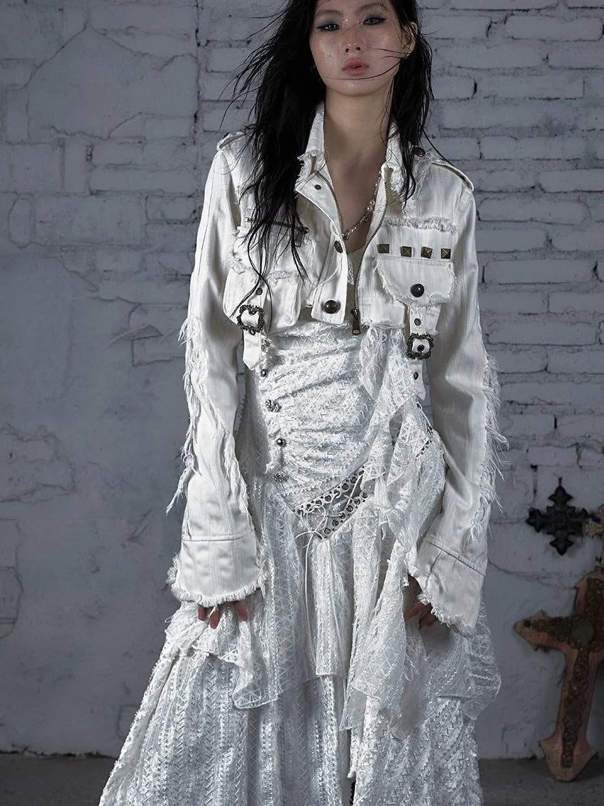 Street Punk Distressed Washed Cropped Striped Jacket Spring Coat