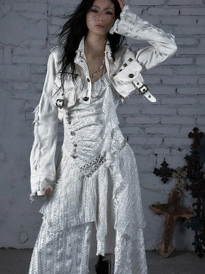 Street Punk Distressed Washed Cropped Striped Jacket Spring Coat