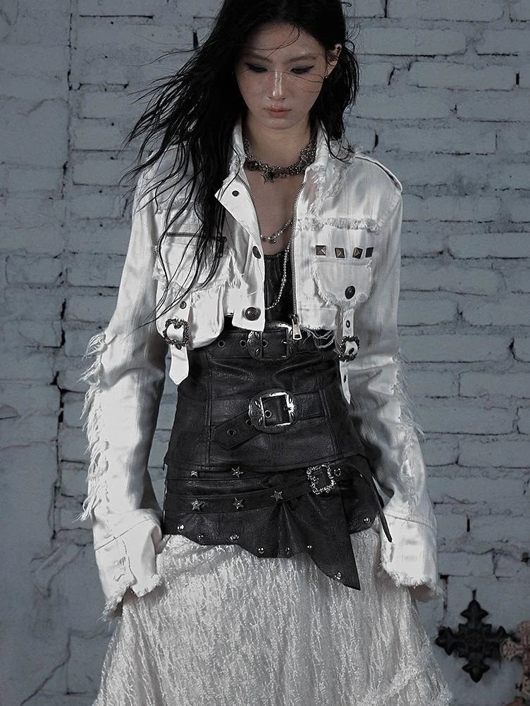 Street Punk Distressed Washed Cropped Striped Jacket Spring Coat