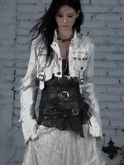 Street Punk Distressed Washed Cropped Striped Jacket Spring Coat