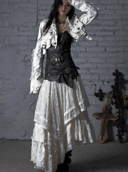 Street Punk Distressed Washed Cropped Striped Jacket Spring Coat