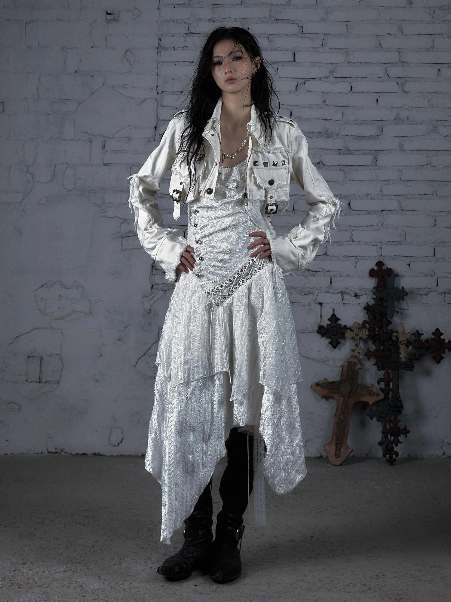 Street Punk Distressed Washed Cropped Striped Jacket Spring Coat